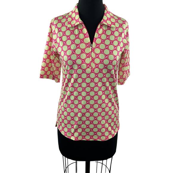 NWT SANSOLEIL Seeing Spots Pink Lime SolCool Short Sleeve Polo Golf Top Size S - Picture 1 of 10